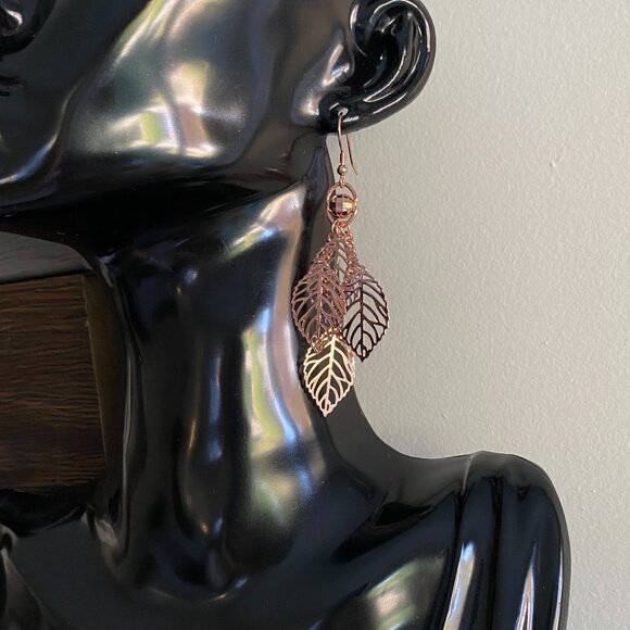FAC Rose Gold Tone Leaf Spirited Dangle Earrings NWT - Picture 2 of 7